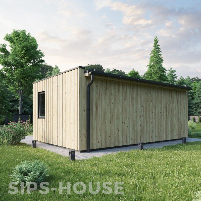Rear view of 20.8 m² garden room with natural pine cladding. SIPS-HOUSE.COM