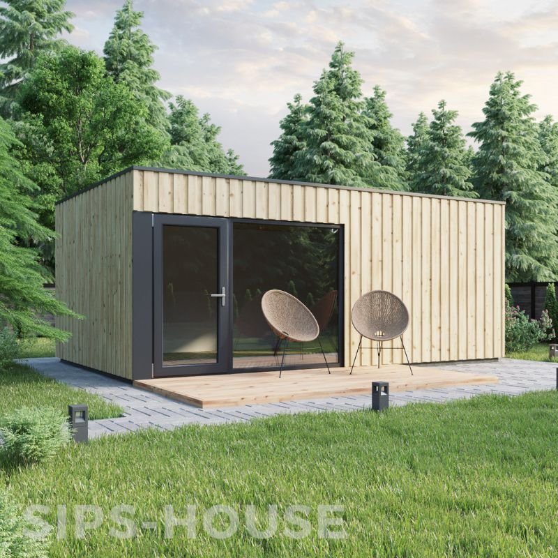 20.8 m² garden room with natural pine cladding and large panoramic window in a landscaped garden setting.