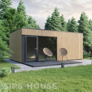 20.8 m² garden room with Nordic thermowood exterior and full-width panoramic window in contemporary garden. SIPS-HOUSE.COM