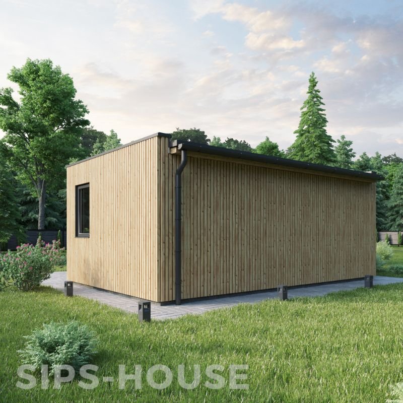 Back elevation of Nordic thermowood garden room, 20.8 m², designed for durability and modern outdoor living. SIPS-HOUSE