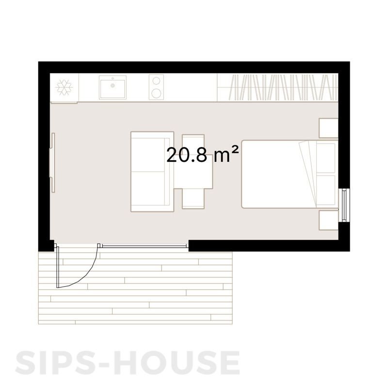 Explore a well-designed 20.8 m² garden room layout floor plan featuring a spacious interior, panoramic window placement, and flexible multifunctional use.