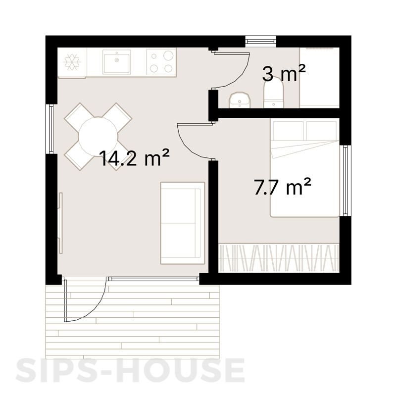 25 m2 SIPS Garden room floor plan with open-plan living area, bedroom, and bathroom POPPY SIPS HOUSE