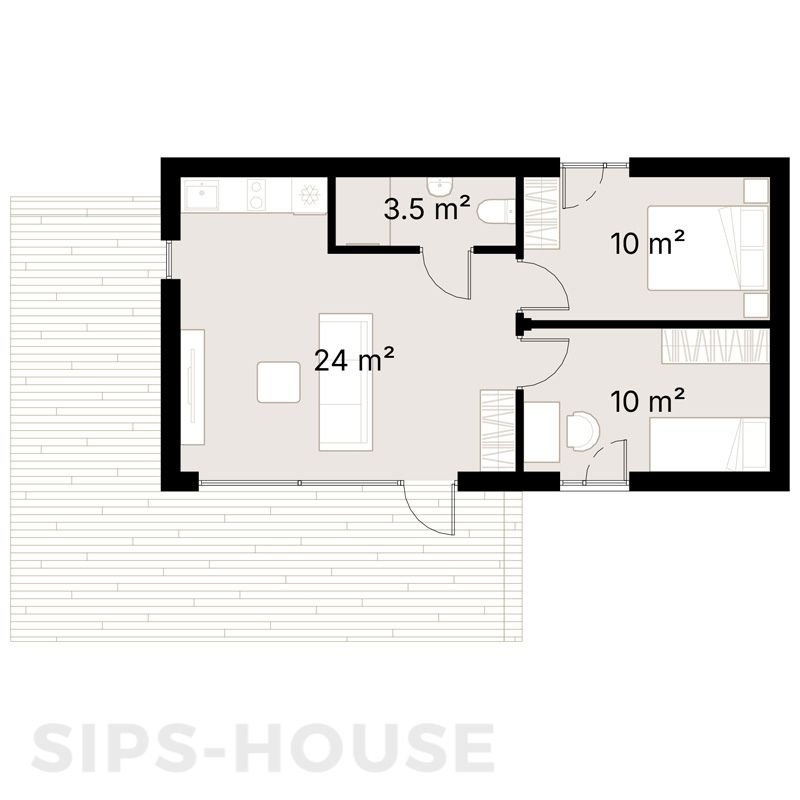Floor plan of 47 m² prefab SIPS granny annex with two bedrooms and open-plan living SIPS-HOUSE.COM CHERRY