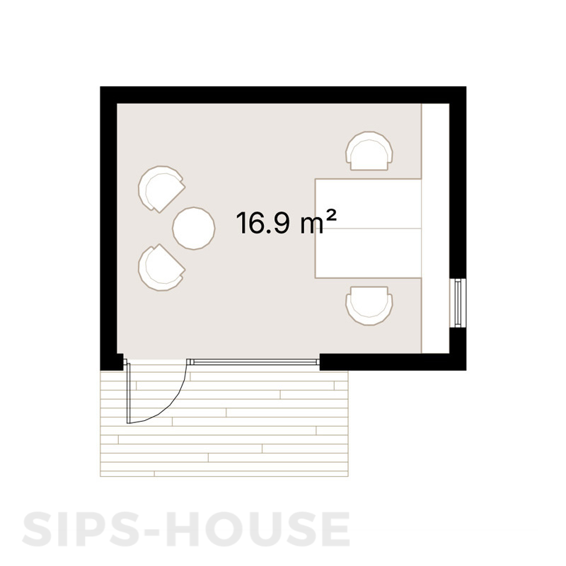 Floor plan layout of a 5x4 modern garden office showing internal dimensions and workspace arrangement SIPS HOUSE DAISY