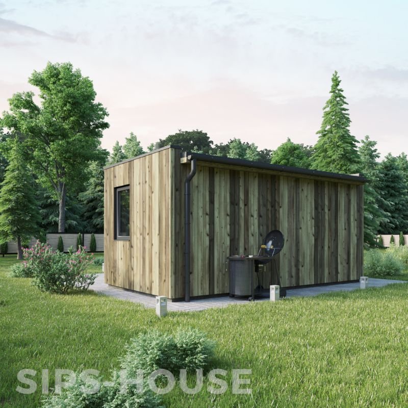 12m2 timber garden office SIPS kit finished in natural larch cladding backview SIPS-HOUSE