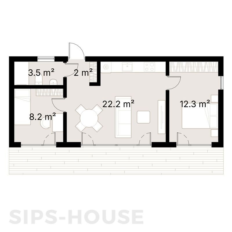 Floor plan of a two-bedroom SIP garden room showing living area, kitchen, bathroom, and bedrooms