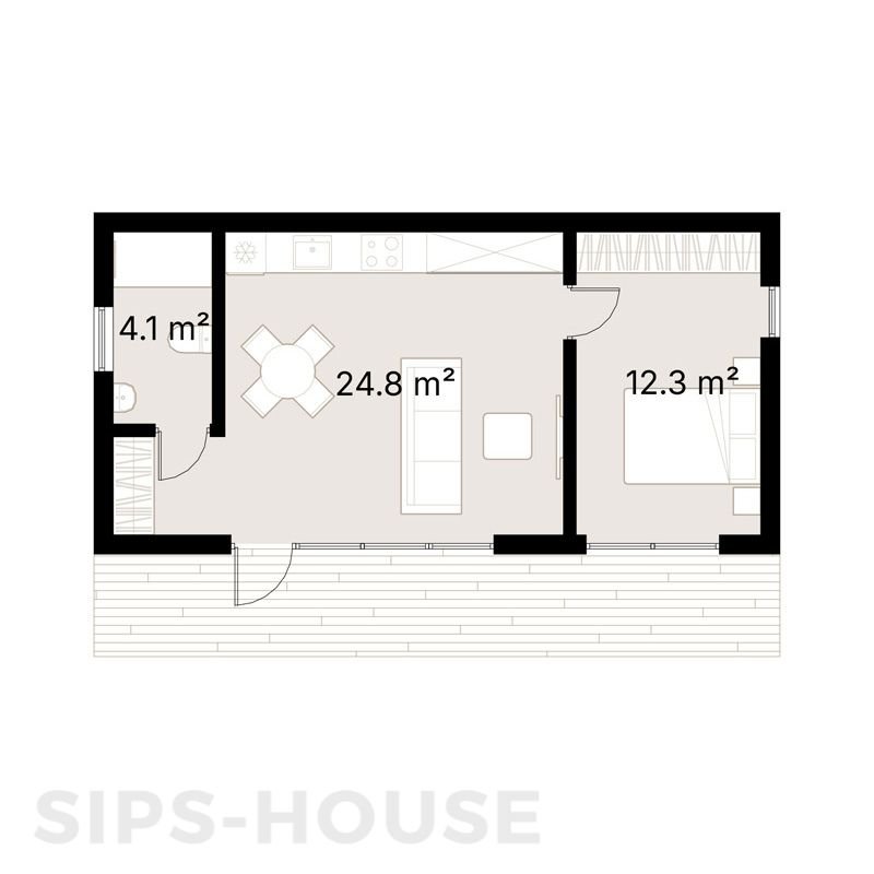 Floorplan of a 41.2 m² SIPS Garden Room with one separate bedroom, showing a functional layout ideal for living, working, or relaxing.