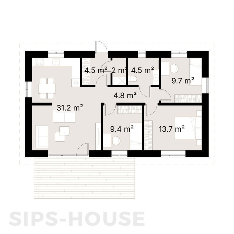 80 m2 SIPs house kit floor plan with 3 bedrooms, SIPS HOUSE MELON