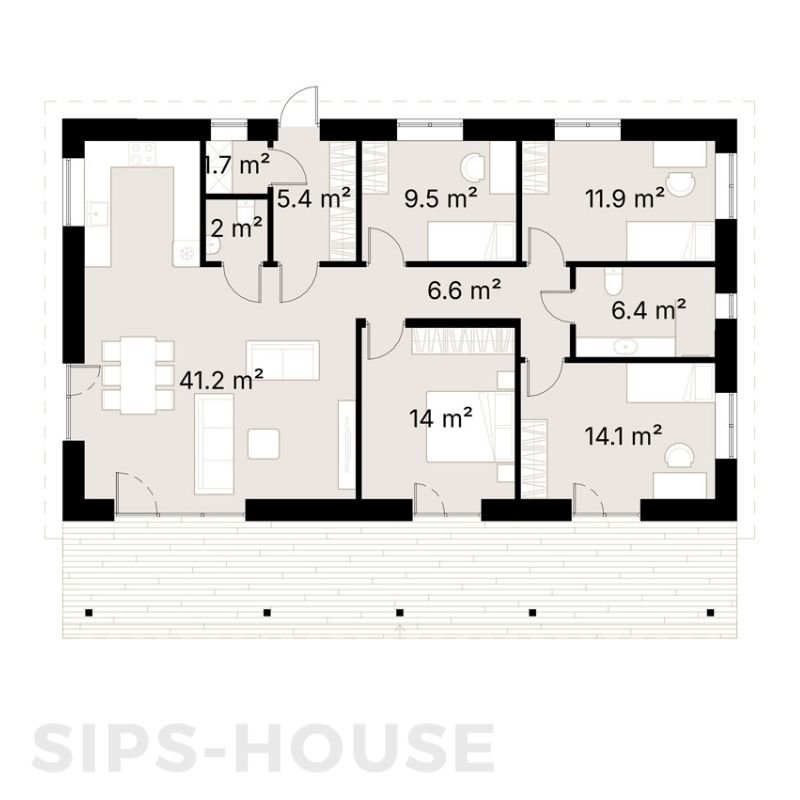 LEMON 112m² SIPs house floor plan with 4 bedrooms and spacious open-plan living layout