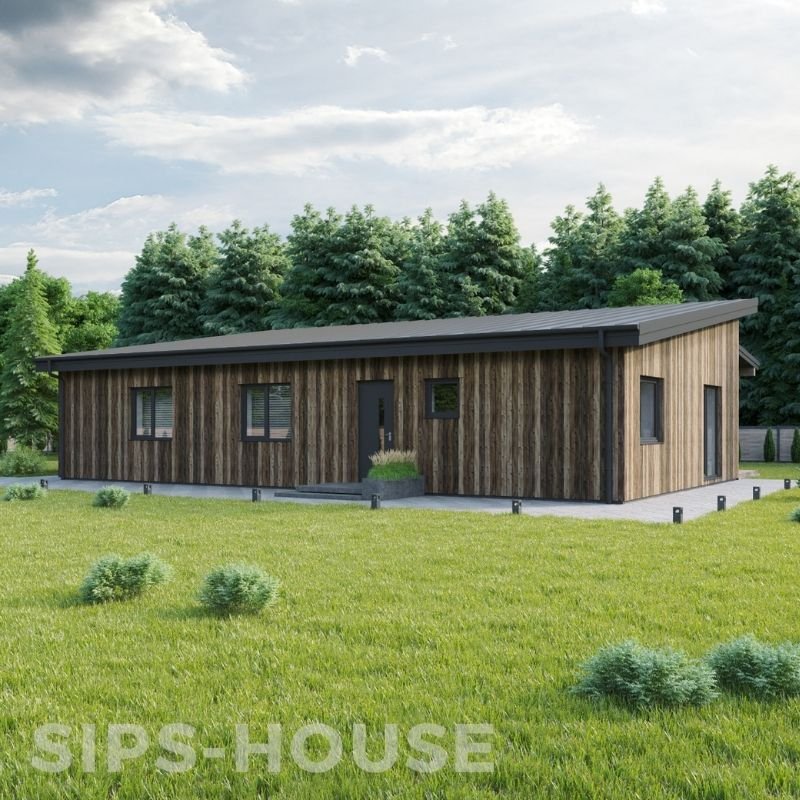 112m² LEMON SIPs house kit with natural larch cladding backview