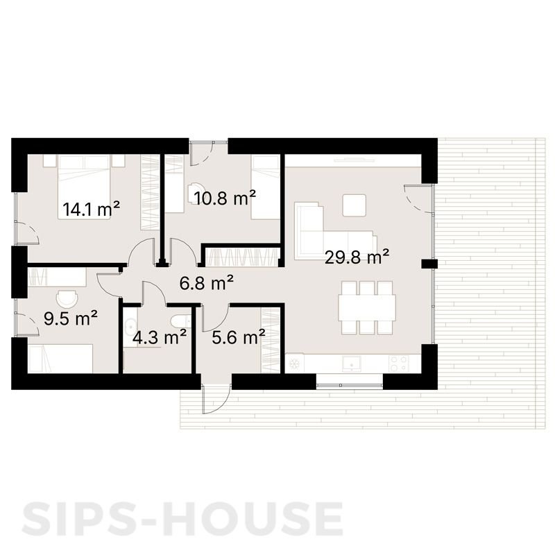 Floor plan of the 80 m² OLIVE prefab SIPS house with 3 bedrooms SIPS-HOUSE.COM