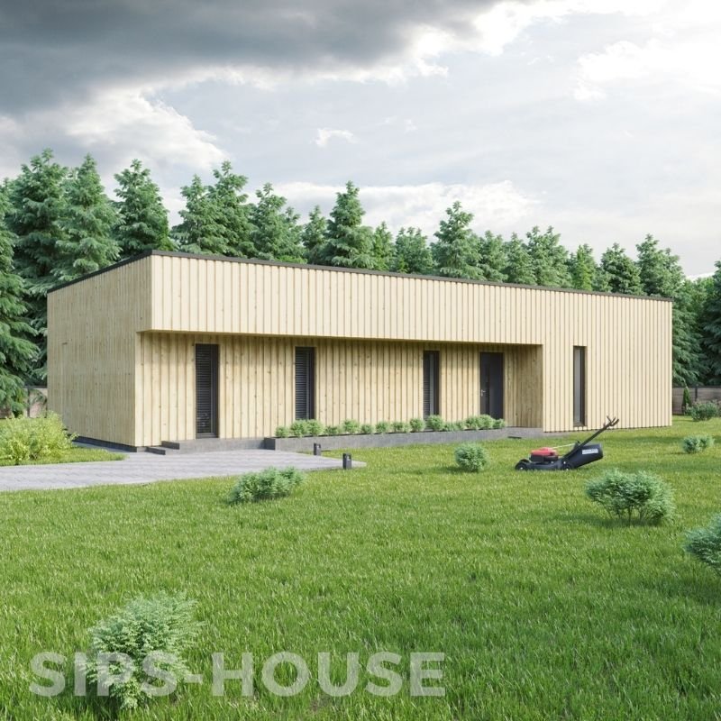 PEACH 3-bedroom, 102 m² wooden house kit with a pine exterior, shown from a second angle and highlighting the modern prefabricated home design by SIPS-HOUSE.com