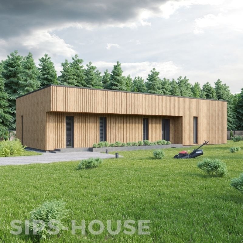 PEACH 3-bedroom, 102 m² wooden house kit with a thermowood exterior, shown from a second angle and highlighting the modern prefabricated home design by SIPS-HOUSE.com