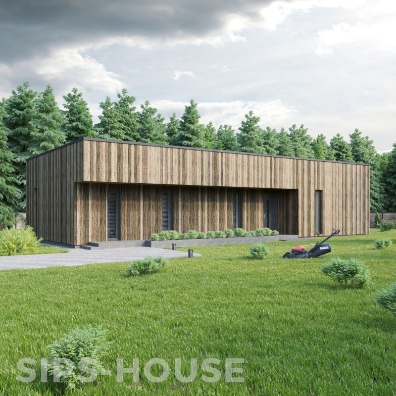 PEACH 3-bedroom, 102 m² wooden house kit with a larch exterior, shown from a second angle and highlighting the modern prefabricated home design by SIPS-HOUSE.com