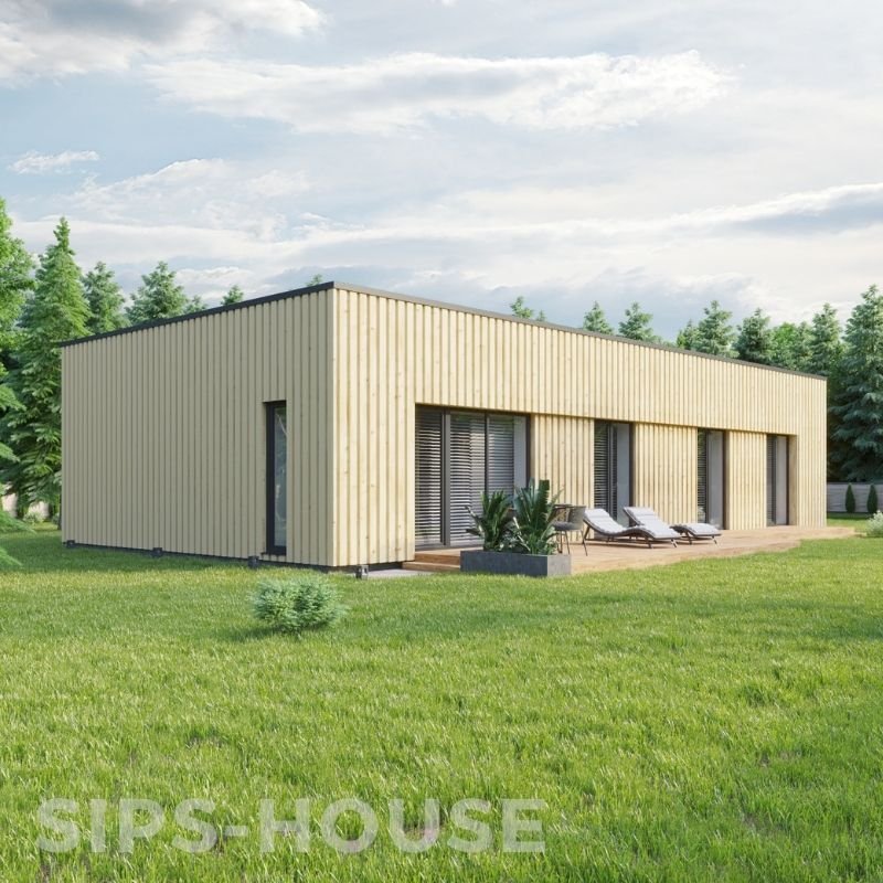 PEACH 3-bedroom, 102 m² wooden house kit with a pine exterior, showcasing a modern prefabricated home design by SIPS-HOUSE.com