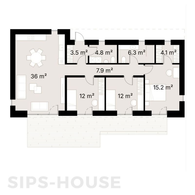 3-bedroom prefabricated house interior layout with 102 m² of thoughtfully designed living space. PEACH