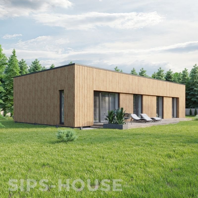 PEACH 3-bedroom, 102 m² wooden house kit with a thermowood exterior, showcasing a modern prefabricated home design by SIPS-HOUSE.com