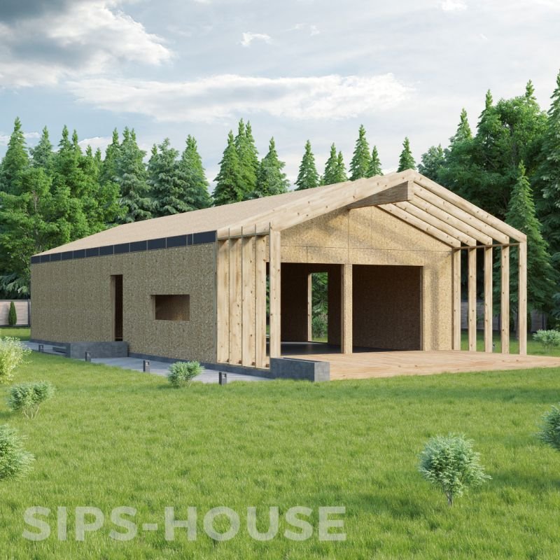 101 m² SIPS house shell assembled with structural panels and timber frame sips-house.com APPLE