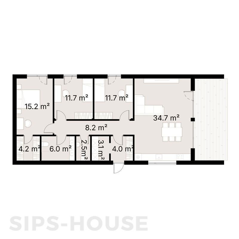 101 m² SIPS house floor plan with three bedrooms, open-plan living, dining and kitchen area, bathrooms, utility spaces and covered terrace.