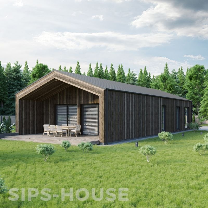 Prefab SIPS house featuring natural larch exterior finish and modern design