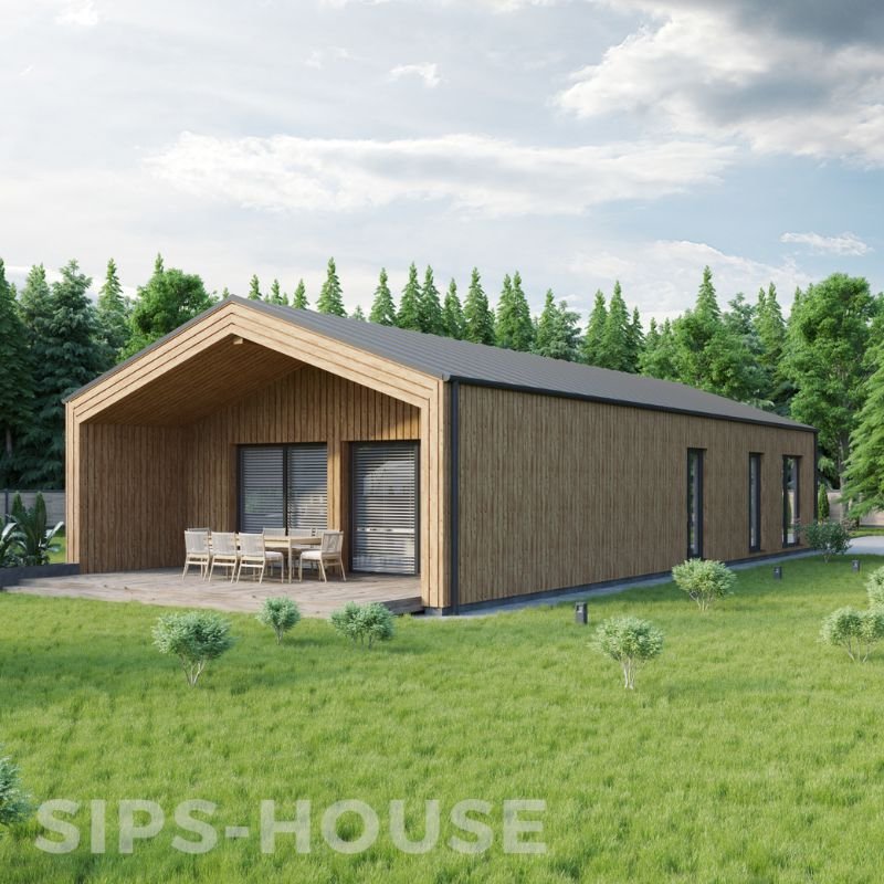 Prefab SIPS house featuring a Thermowood exterior finish