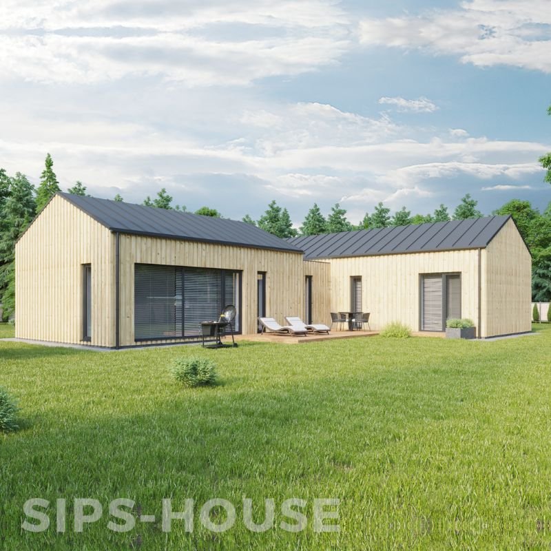 Product name PEAR SIPS House Kit with full natural pine exterior cladding 107m2