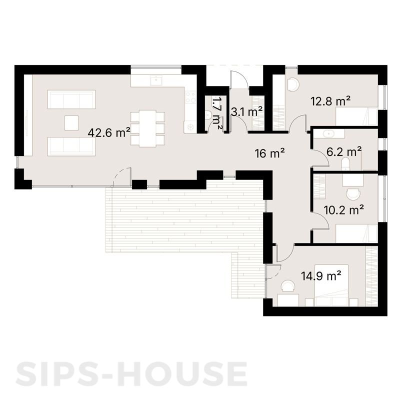 PEAR SIPS House Kit floor plan showing the L-shaped layout with separate living and bedroom areas