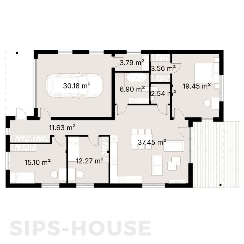 SIPS house floor plan with 3 bedrooms, garage, bathroom and open-plan living area