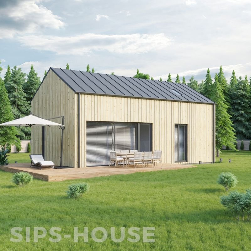 Prefab 2-bedroom SIP home kit with natural pine timber cladding and loft area