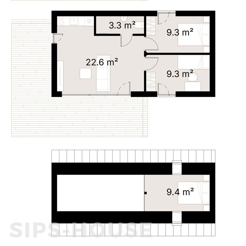 Floor plan of a 53.9 m² 2-bedroom SIPS house with open-plan living area, two bedrooms, bathroom and loft area