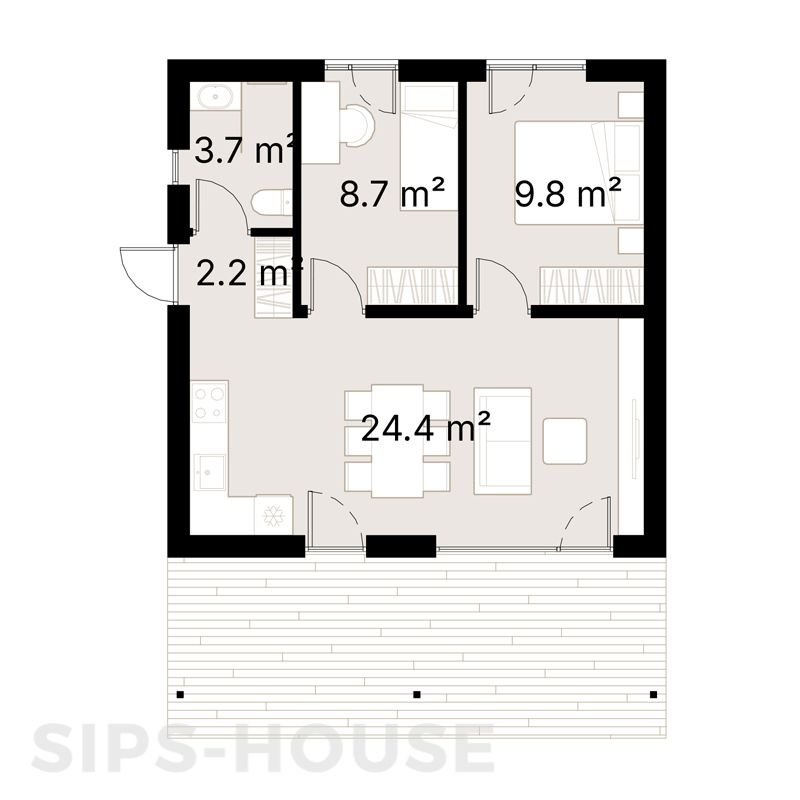2-bedroom SIP house layout with open-plan kitchen, dining and living area sips-house.com