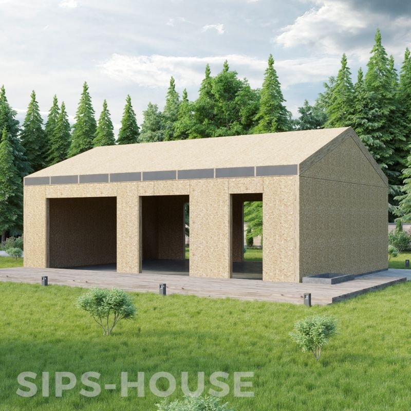 Structural SIPS shell of a 65.8 m² three-bedroom SIPS prefab house