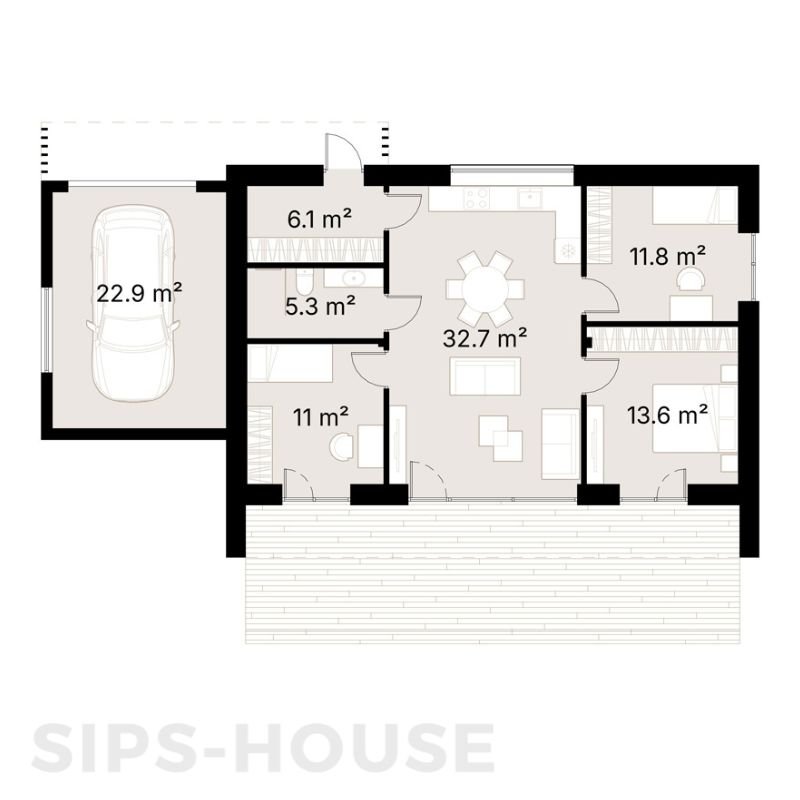 80 m² SIPS house layout with 3 bedrooms, 1 bathroom and 23 m² garage SIPS-HOUSE.COM MANGO