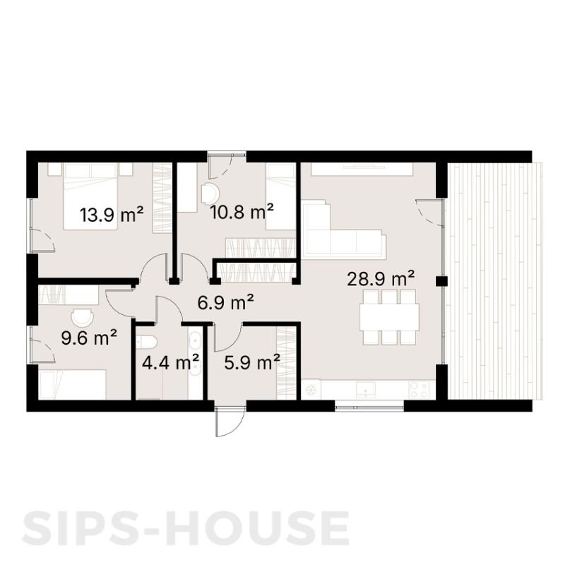 80 m² SIPS house kit floor plan with 3 bedrooms, open-plan living area and covered terrace