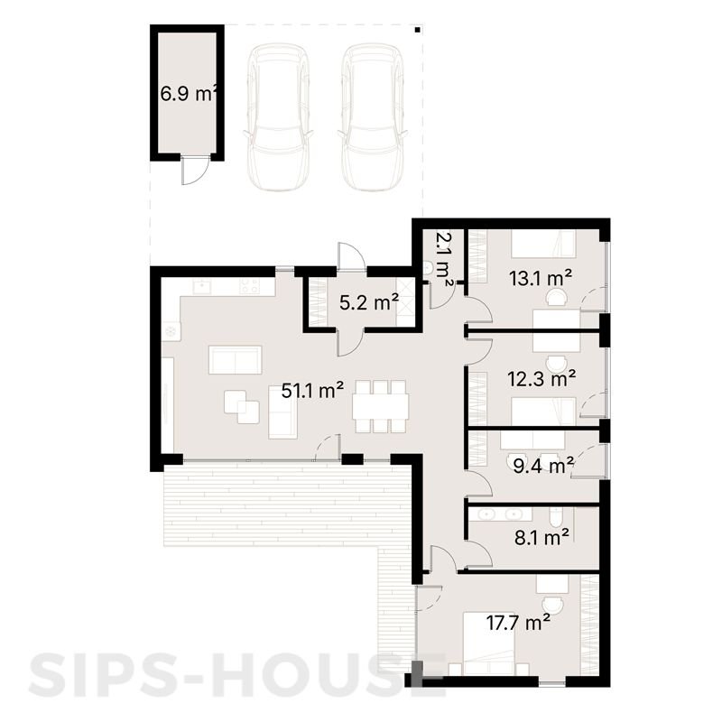 119 m² L-shaped SIPS house floor plan layout sips-house.com ORANGE