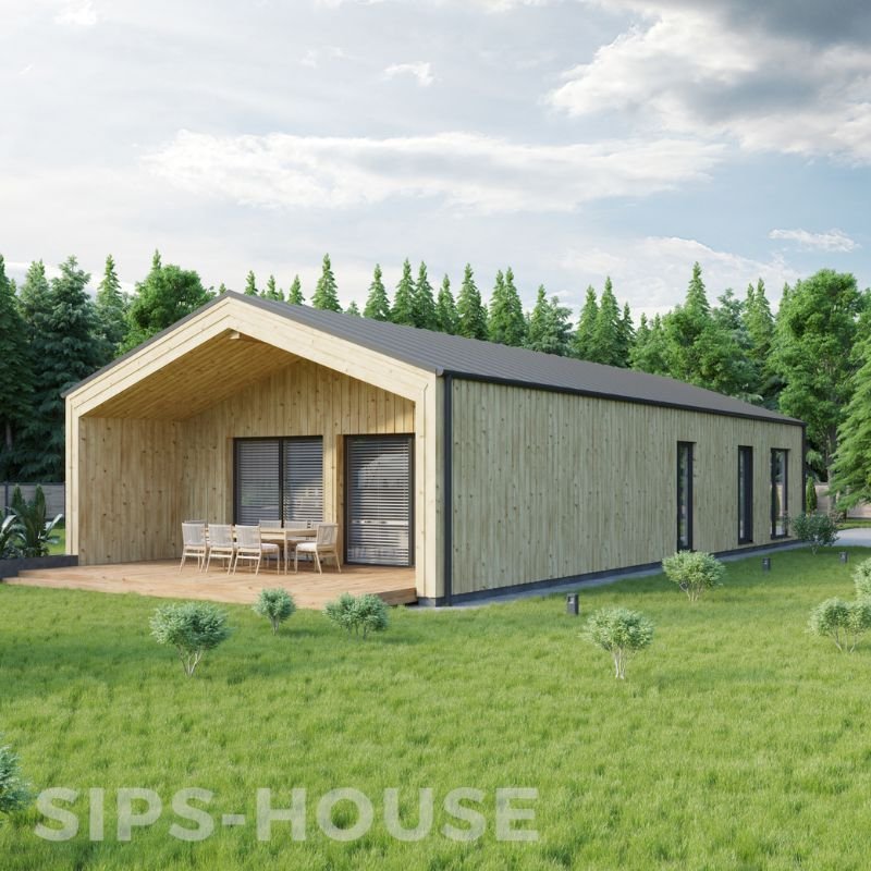 Prefab SIPS house featuring a natural pine exterior finish