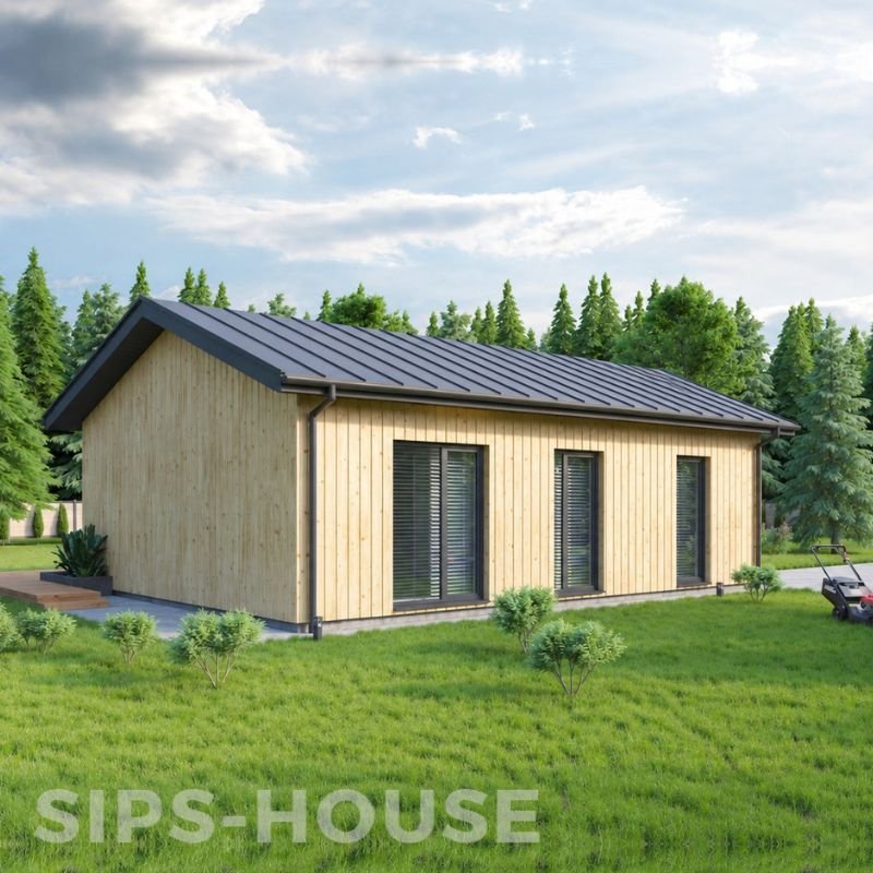 Full exterior view of a SIPS house with natural pine cladding product KIWI SIPS KIT