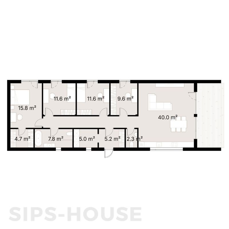 SIPS house KIT layout showing four bedrooms, open-plan kitchen and living area, home office and covered terrace