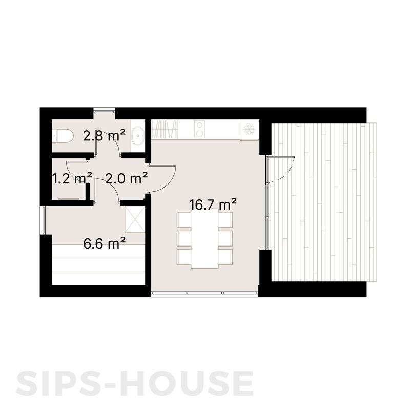 SIP garden sauna layout plan with sauna, relaxation area, bathroom and covered terrace