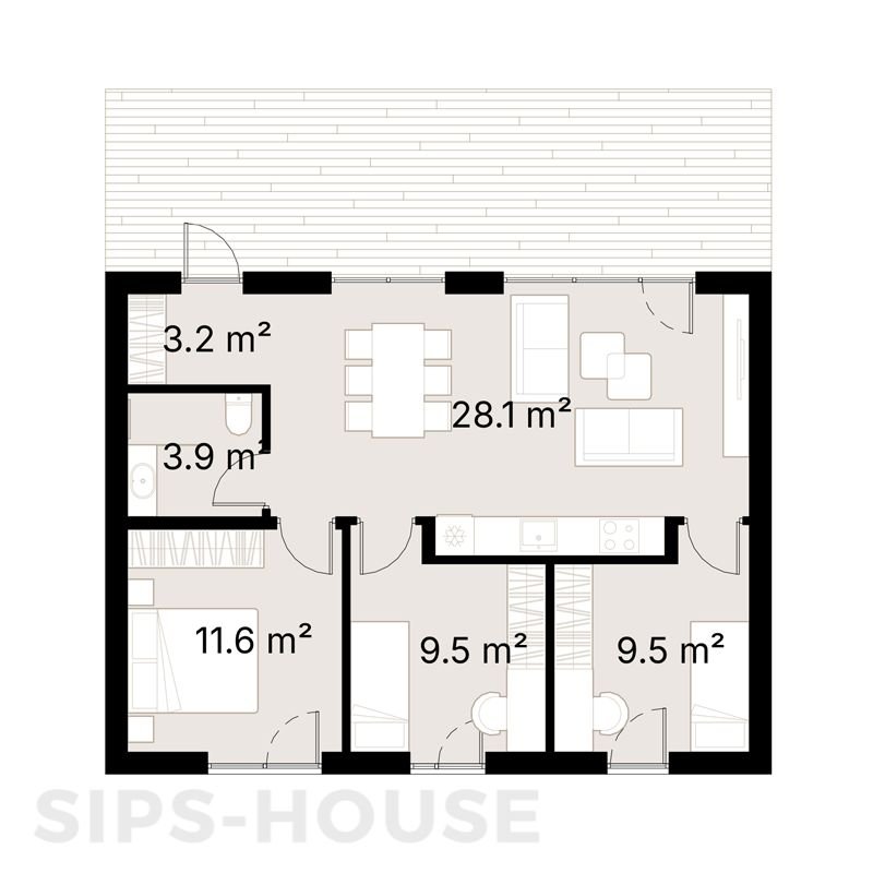 SIPS house 65.8 m² floor plan layout with three bedrooms, bathroom, entrance and open-plan living area