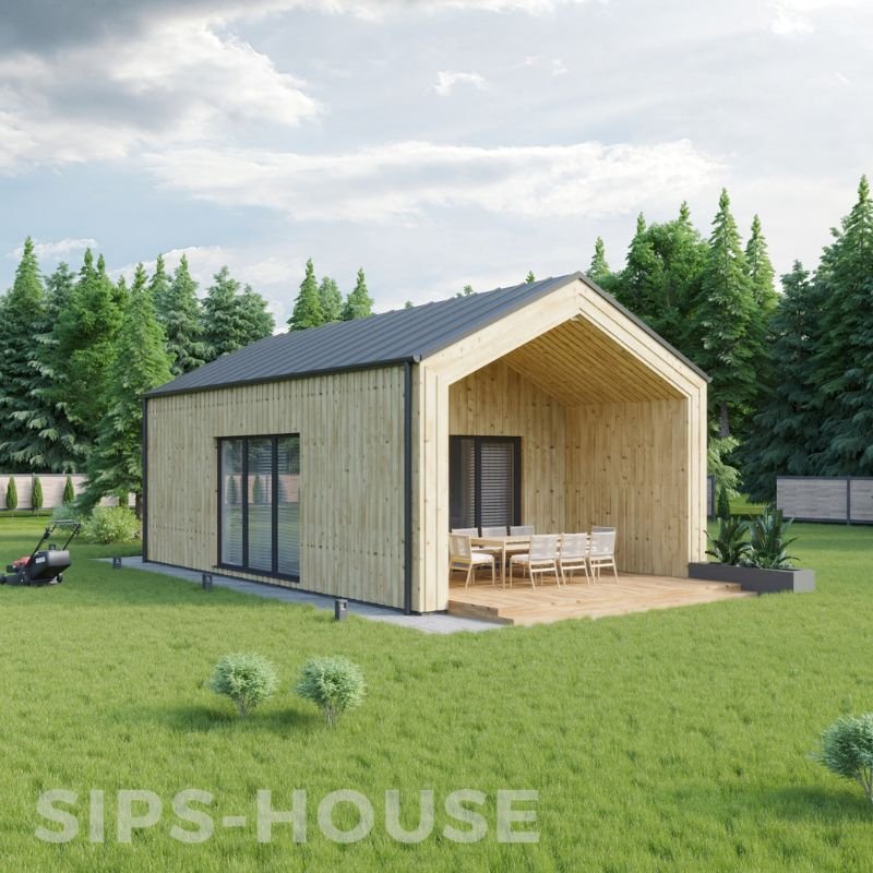 SIPS Natural pine sauna with a spacious covered outdoor terrace