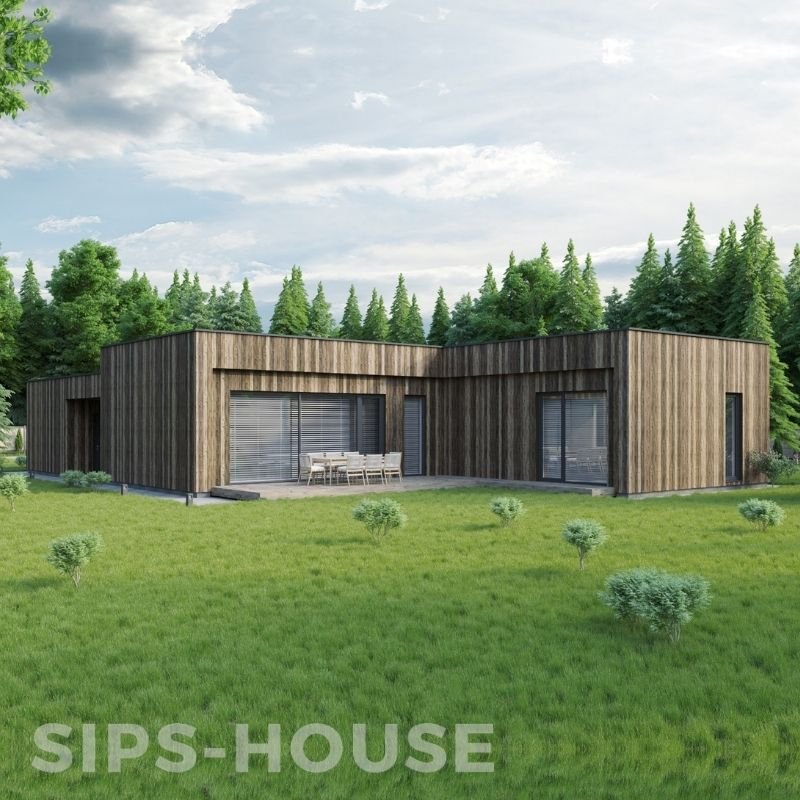 Natural larch exterior of the L-shaped SIPS house sips-house.com