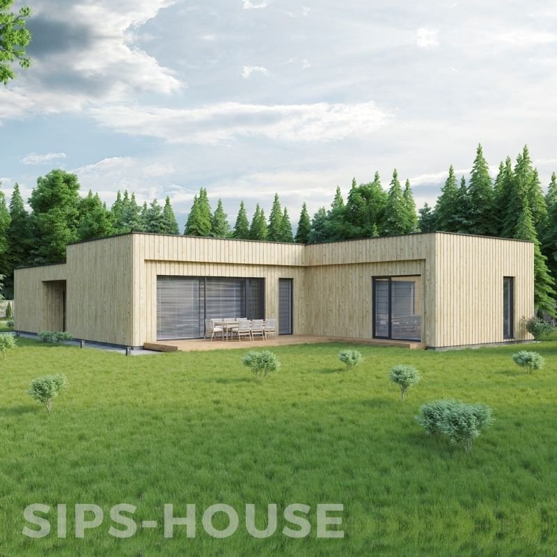 Natural pine exterior of the 119 m² L-shaped SIPS house sips-house.com PINE ORANGE