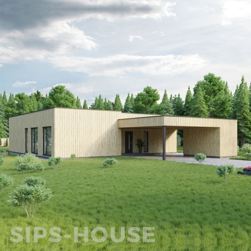 L-shaped SIPS house finished with natural pine exterior cladding OARNGE sips-house.com