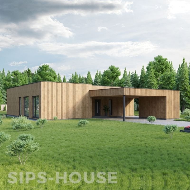 L-shaped SIPS house finished with Thermowood exterior cladding sips-house.com product ORANGE