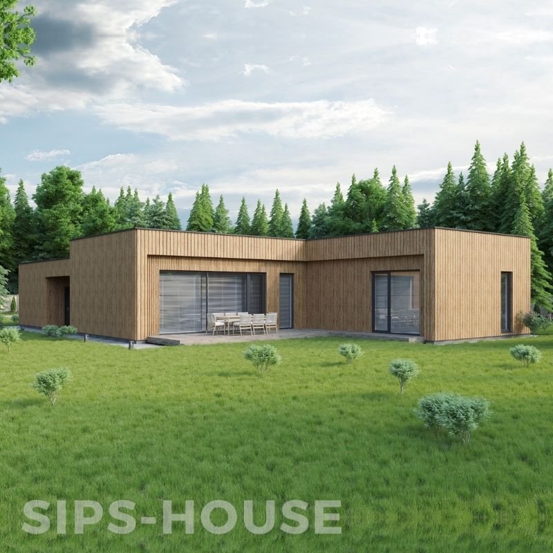 L-shaped SIPS house finished with Thermowood exterior cladding
