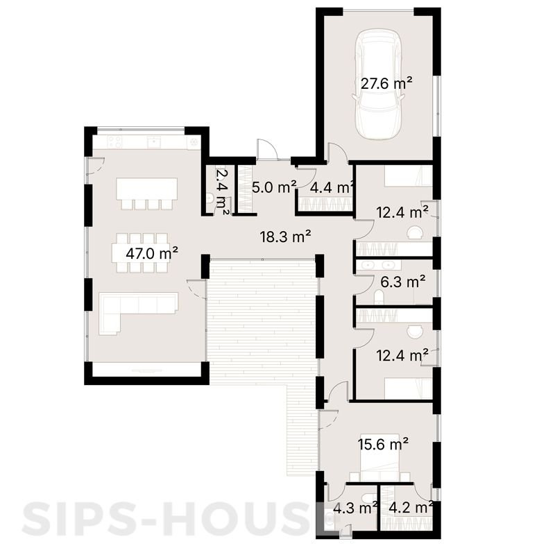 SIPS house kit floor plan showing room layout, bedrooms, living area, kitchen, bathrooms and garage