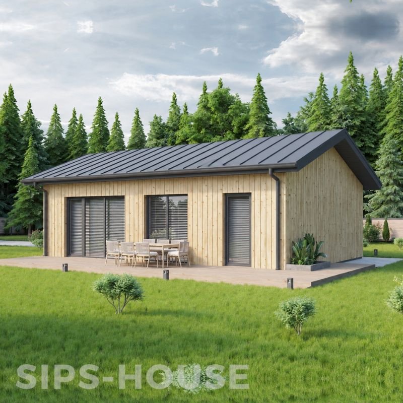 SIPS panel house finished with natural pine cladding flat pack product