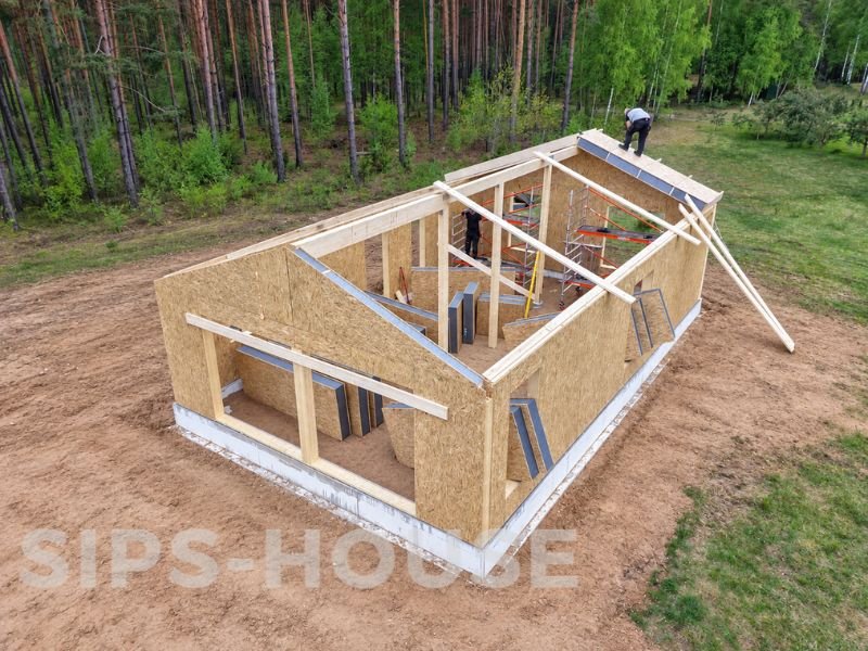 Prefab SIPS house structural shell showing SIP wall and roof construction