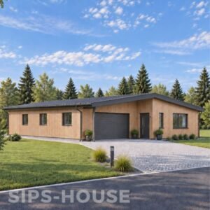 Prefabricated SIPS house with Thermowood cladding across the exterior facade